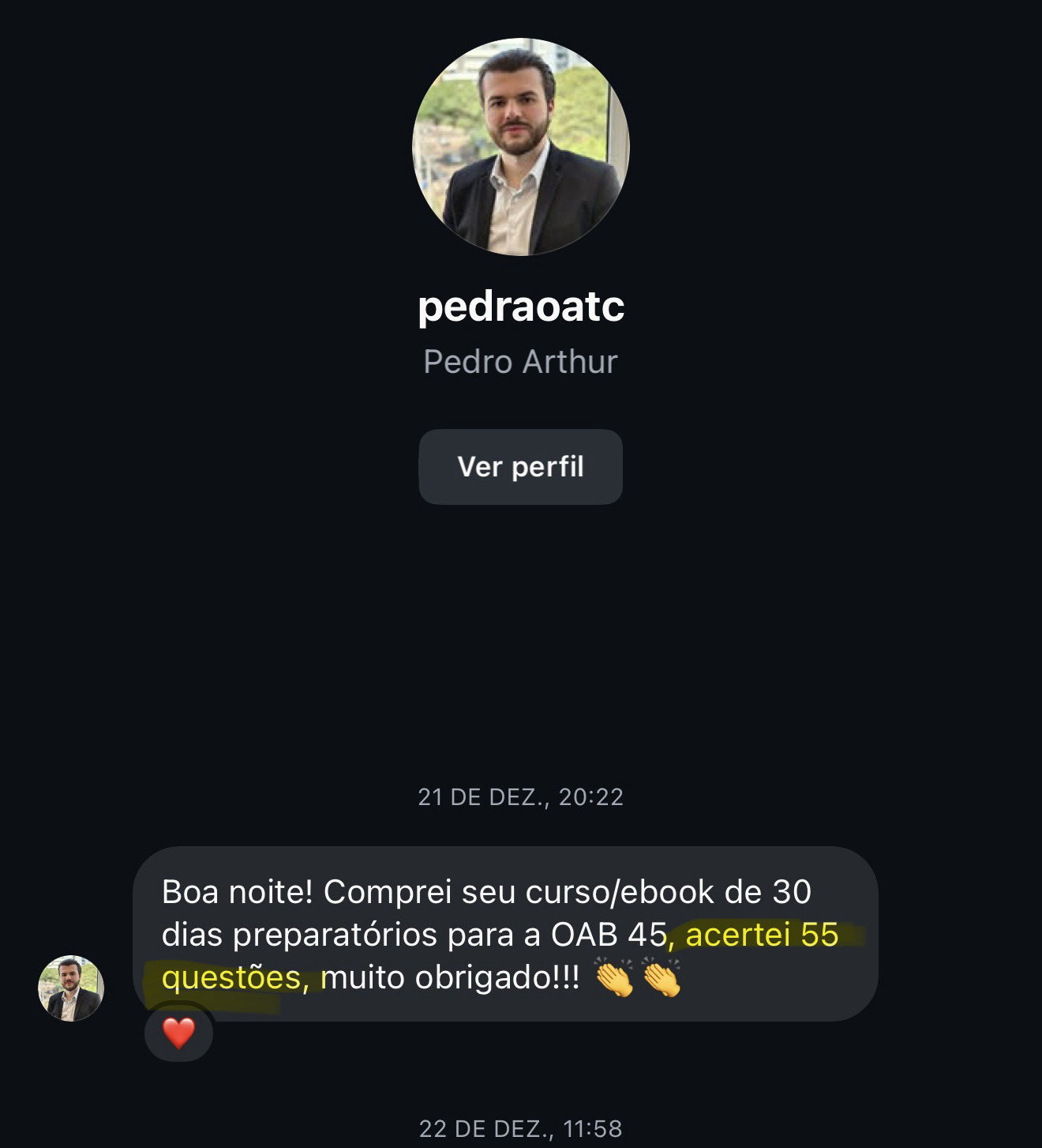 Mensagem de aluna do Método Diretriz OAB